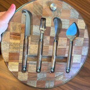 Cheese charcuterie board/serving board with cheese knives wood and glass